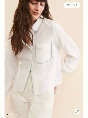 White Button-Front Blouse with Mint Piping